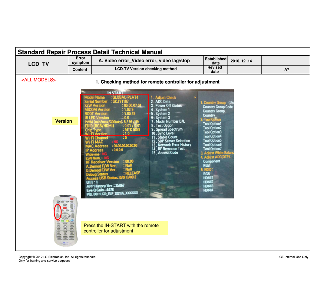 LG Electronics MFL67360901 Standard Repair Process Detail Technical Manual, All Models, date, LGE Internal Use Only 
