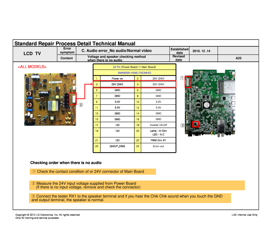 LG Electronics 47LM765S/765T, MFL67360901, 47LM761S/761T-ZA Standard Repair Process Detail Technical Manual, All Models 