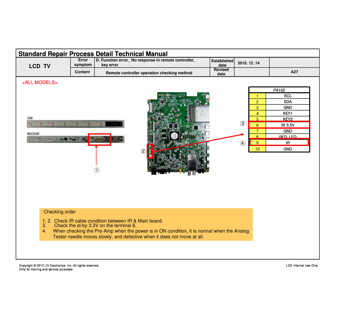 LG Electronics 47LM765S/765T-ZD, MFL67360901, 47LM761S/761T-ZA Standard Repair Process Detail Technical Manual, All Models 