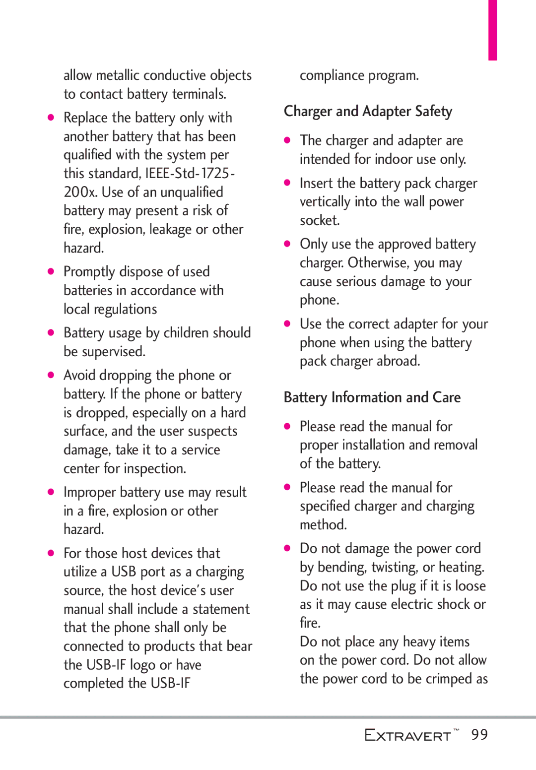 LG Electronics MFL67402301(1.0)H manual Charger and Adapter Safety, Battery Information and Care 