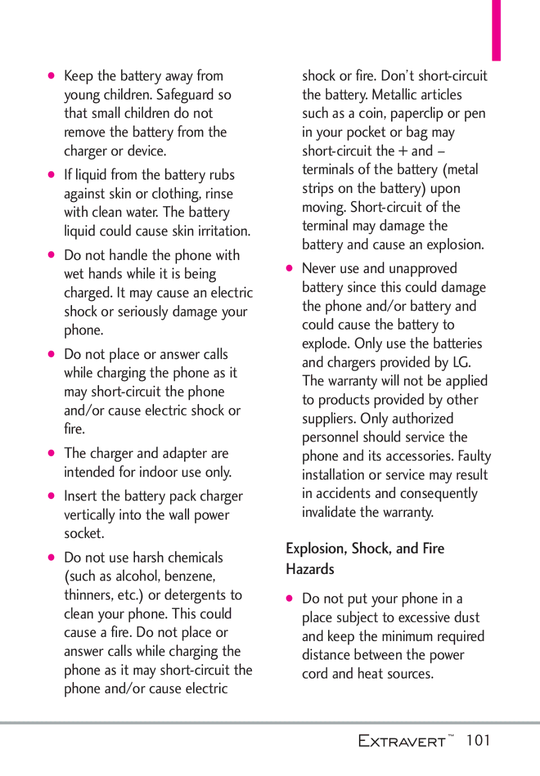 LG Electronics MFL67402301(1.0)H manual Explosion, Shock, and Fire Hazards, 101 