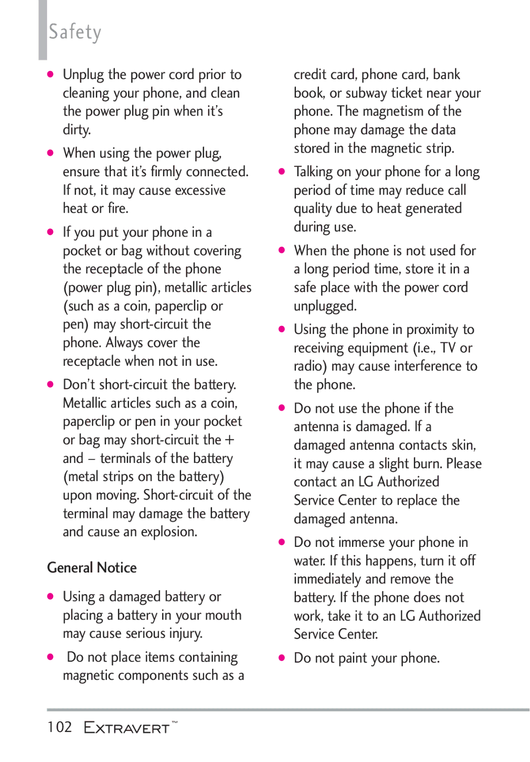 LG Electronics MFL67402301(1.0)H manual General Notice, Do not paint your phone 102 