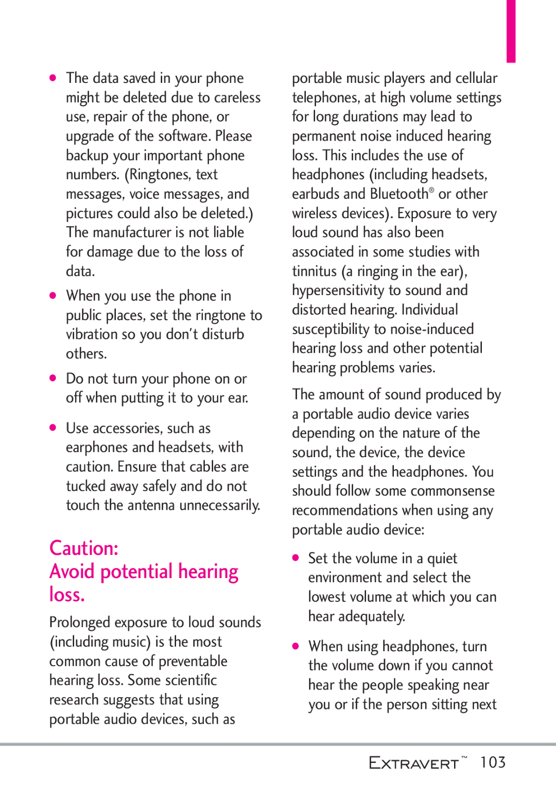 LG Electronics MFL67402301(1.0)H manual Avoid potential hearing loss, 103 