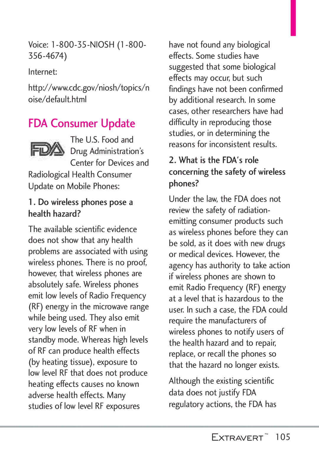 LG Electronics MFL67402301(1.0)H manual FDA Consumer Update, Do wireless phones pose a health hazard?, 105 