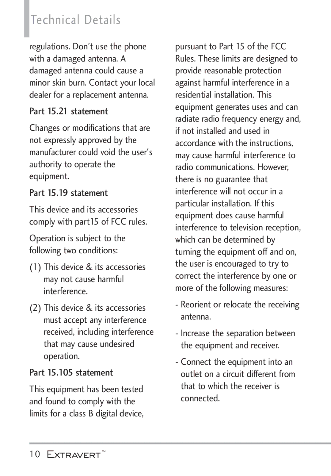 LG Electronics MFL67402301(1.0)H manual Technical Details, Part 15.19 statement, Part 15.105 statement 