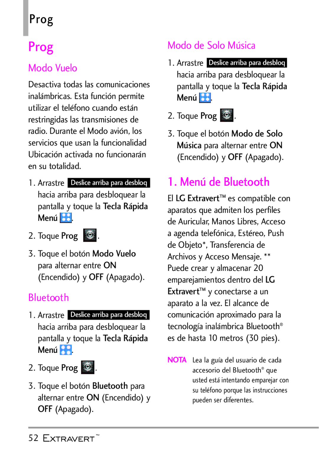 LG Electronics MFL67402301(1.0)H manual Prog, Menú de Bluetooth, Modo Vuelo, Modo de Solo Música 