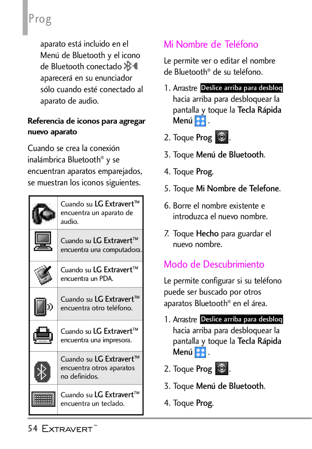 LG Electronics MFL67402301(1.0)H manual Prog, Mi Nombre de Teléfono, Modo de Descubrimiento, Toque Mi Nombre de Telefone 