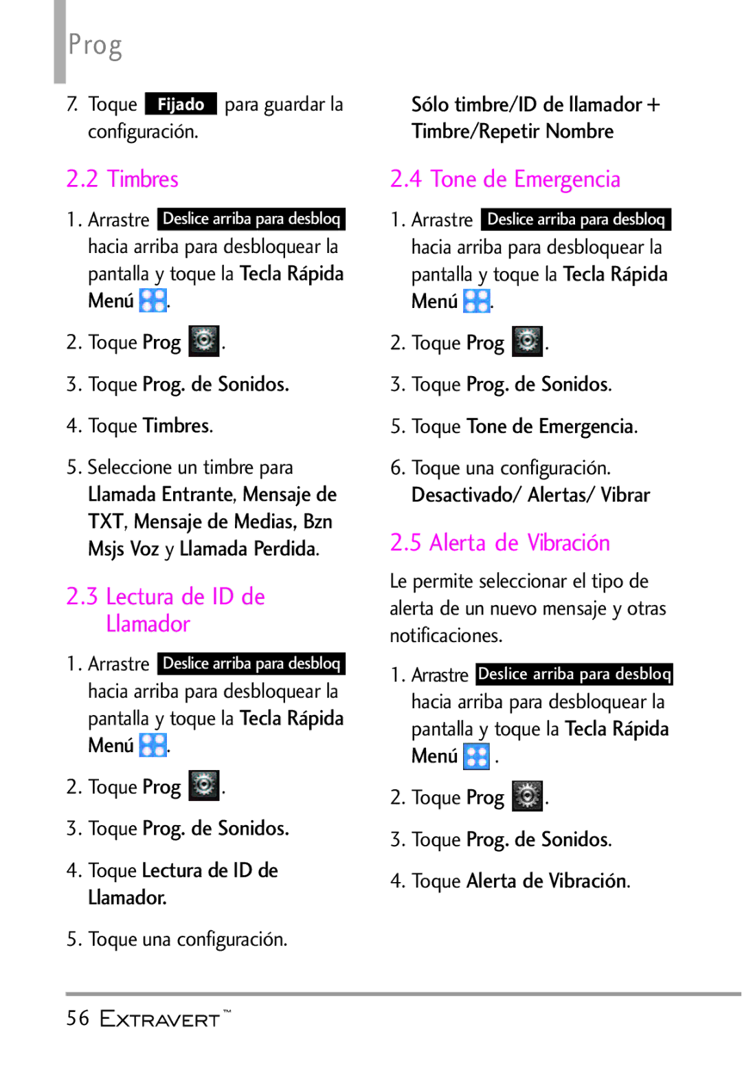 LG Electronics MFL67402301(1.0)H manual Timbres, Lectura de ID de Llamador, Tone de Emergencia, Alerta de Vibración 