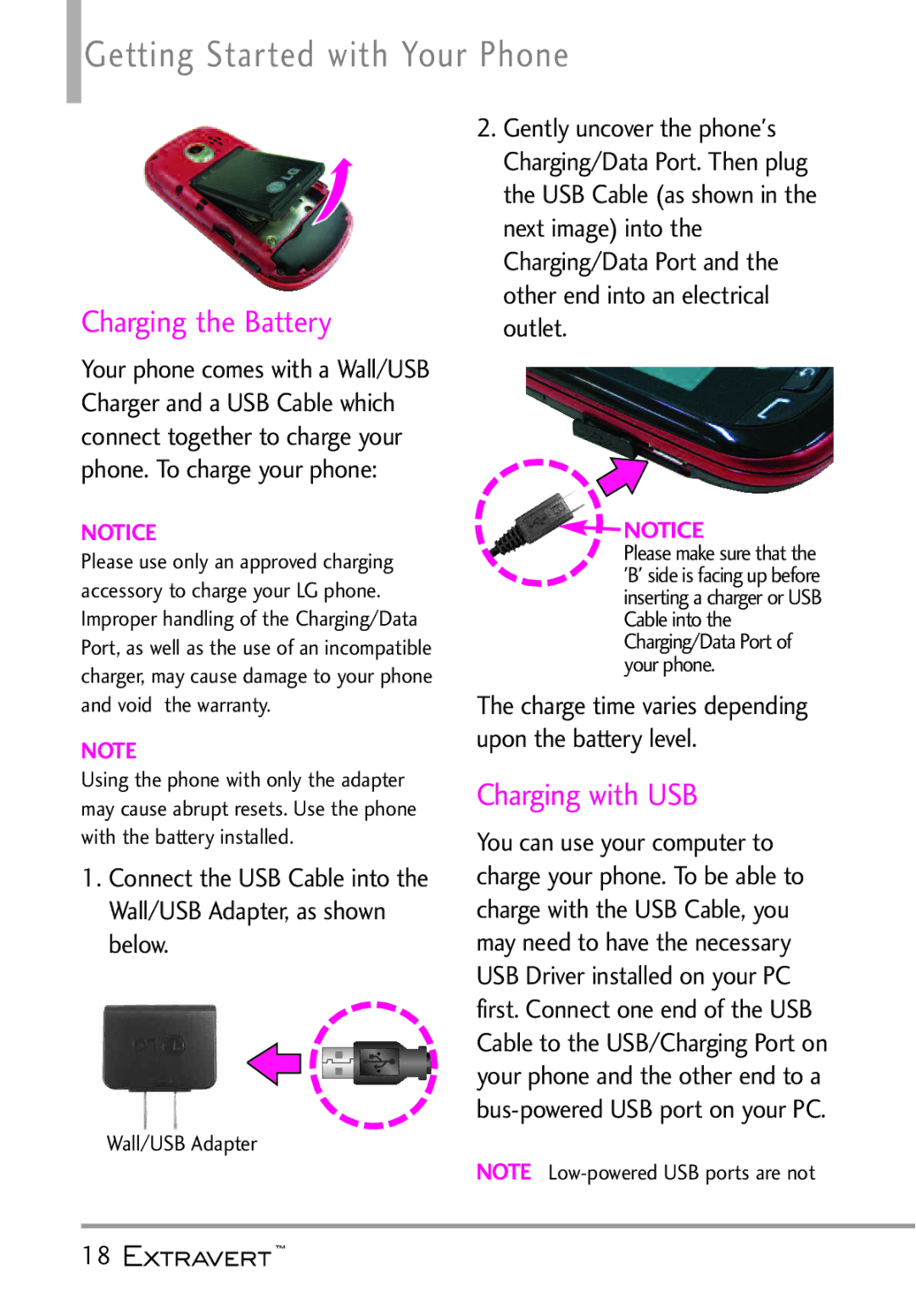 LG Electronics MFL67402301(1.0)H manual Getting Started with Your Phone, Charging the Battery, Wall/USB Adapter 