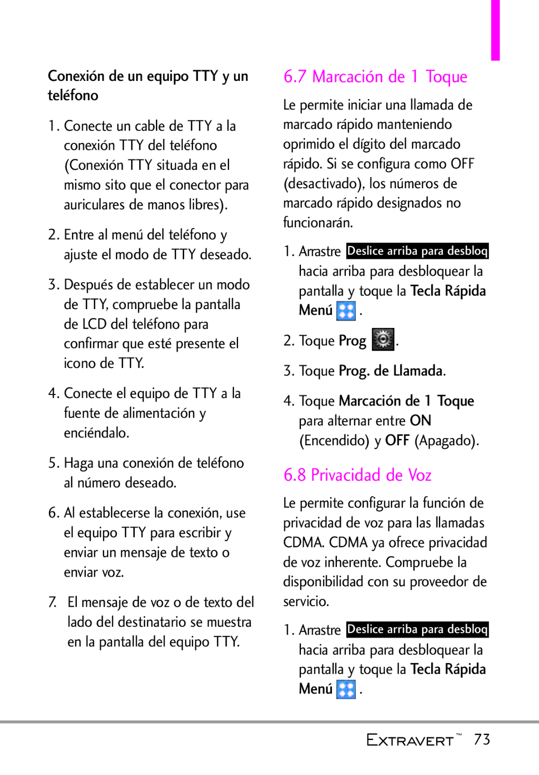 LG Electronics MFL67402301(1.0)H manual Marcación de 1 Toque, Privacidad de Voz, Conexión de un equipo TTY y un teléfono 