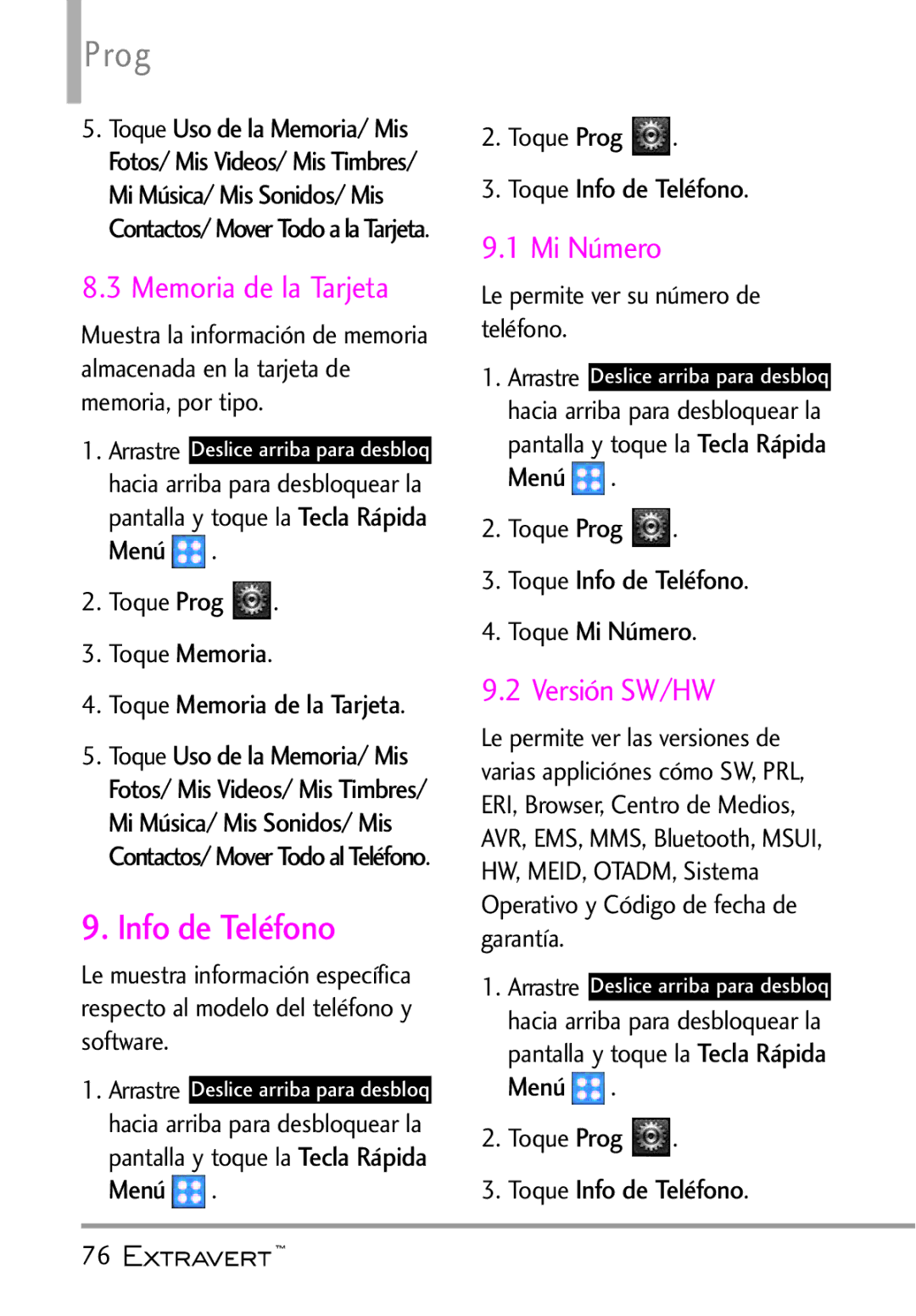 LG Electronics MFL67402301(1.0)H manual Info de Teléfono, Memoria de la Tarjeta, Mi Número, Versión SW/HW 