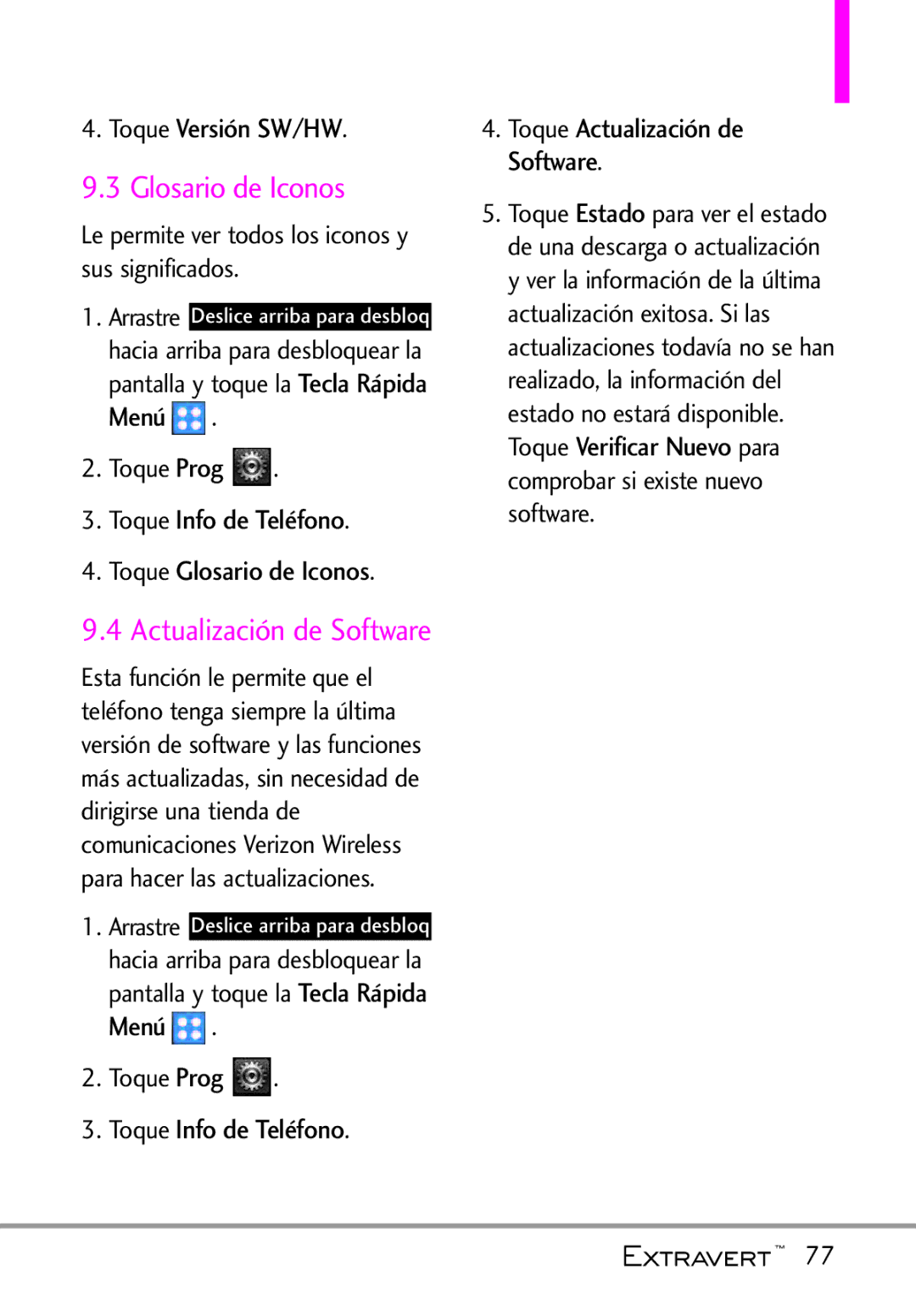 LG Electronics MFL67402301(1.0)H manual Glosario de Iconos, Toque Versión SW/HW, Actualización de Software 