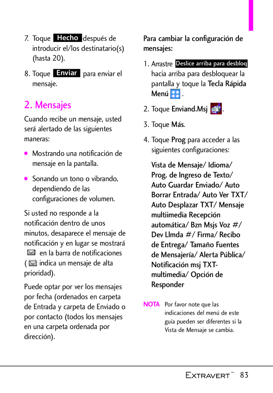 LG Electronics MFL67402301(1.0)H manual Mensajes, Para cambiar la configuración de mensajes 