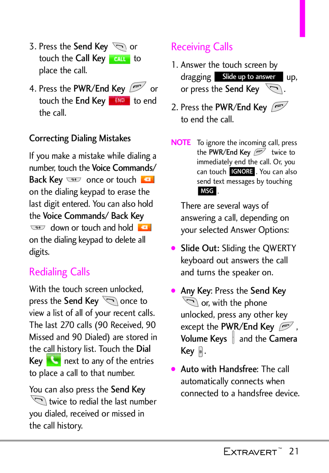 LG Electronics MFL67402301(1.0)H manual Redialing Calls, Receiving Calls 