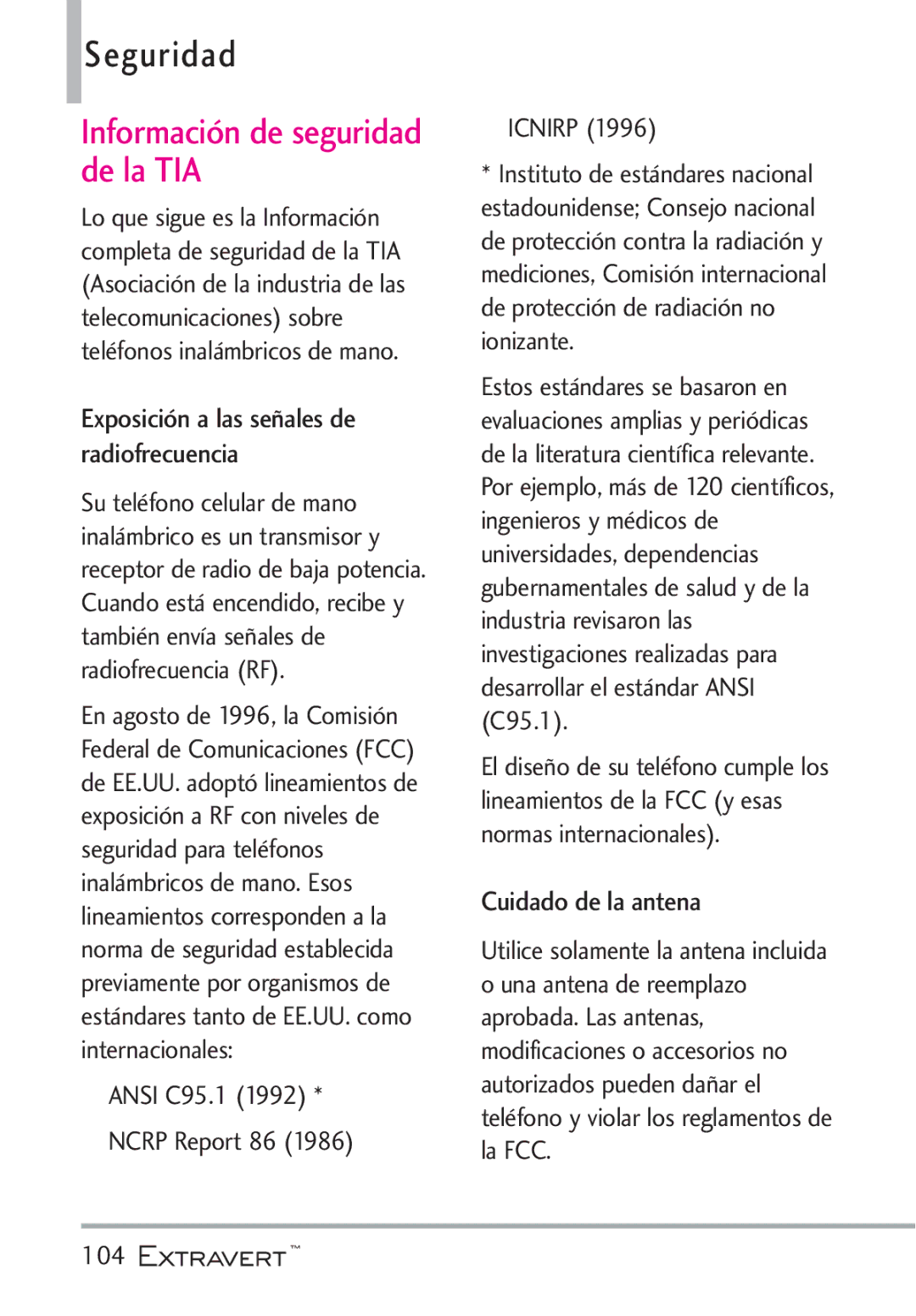 LG Electronics MFL67402301(1.0)H manual Seguridad, Información de seguridad de la TIA, Cuidado de la antena 