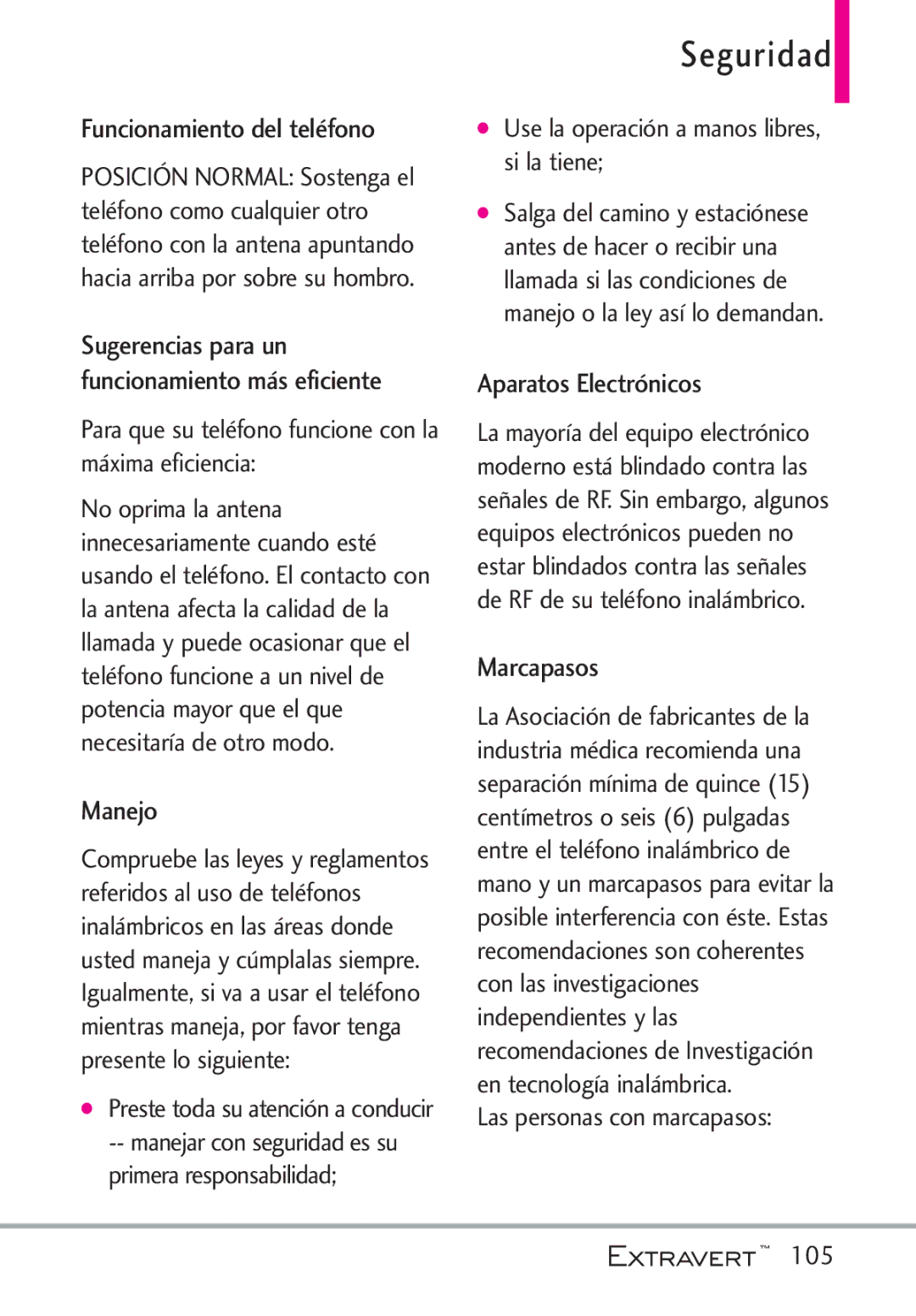 LG Electronics MFL67402301(1.0)H manual Funcionamiento del teléfono, Manejo, Aparatos Electrónicos, Marcapasos 