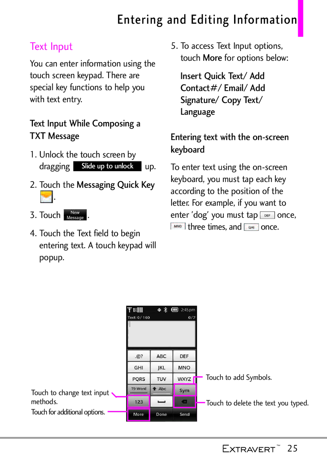 LG Electronics MFL67402301(1.0)H Entering and Editing Information, Text Input, Entering text with the on-screen keyboard 