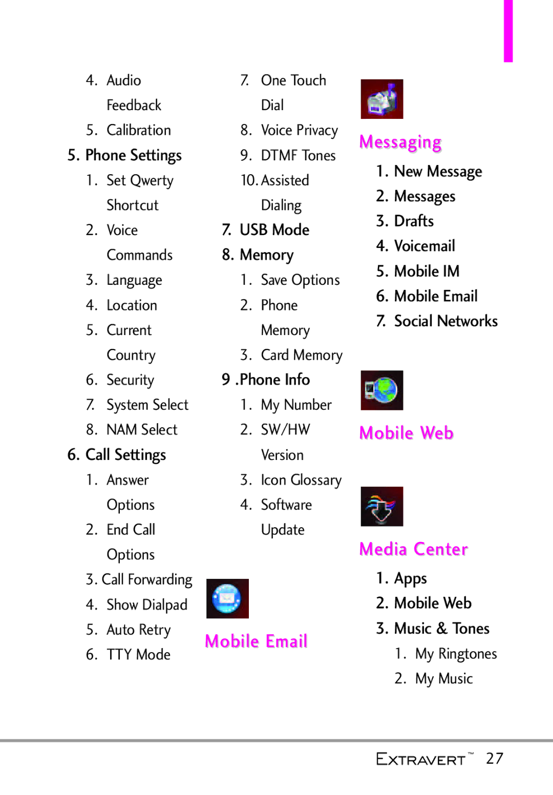 LG Electronics MFL67402301(1.0)H manual Mobile Email, Messaging, Mobile Web Media Center 