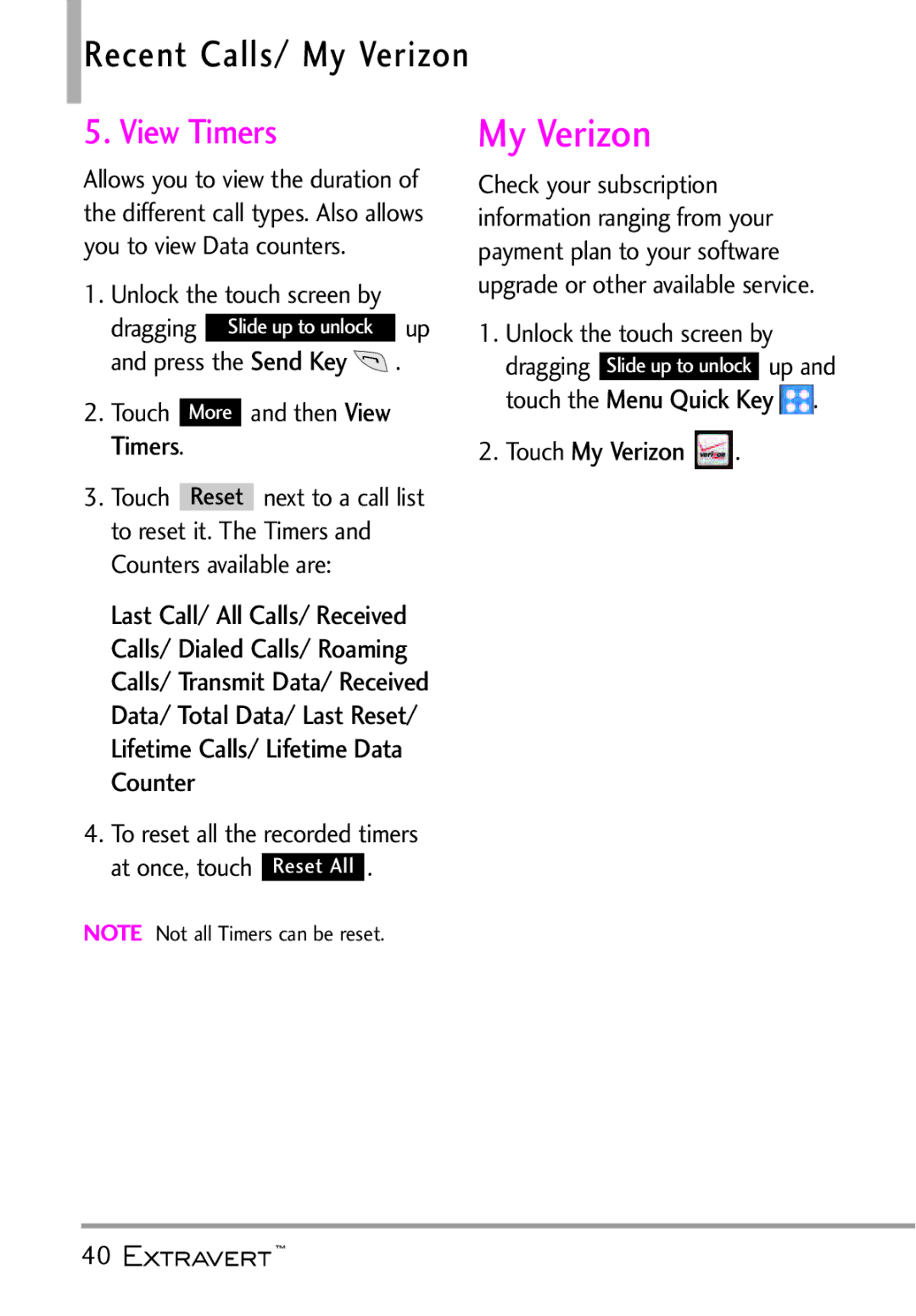 LG Electronics MFL67402301(1.0)H Recent Calls/ My Verizon, View Timers My Verizon, Touch My Verizon, Touch Menu Quick Ke 