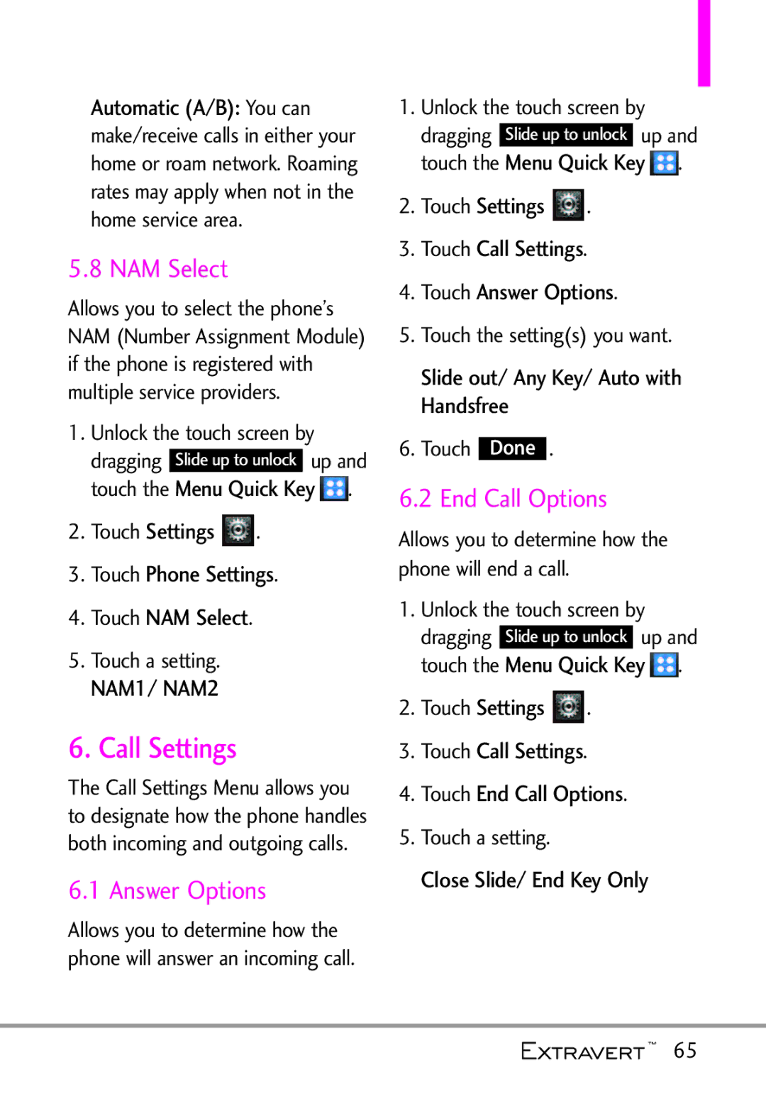 LG Electronics MFL67402301(1.0)H manual Call Settings, NAM Select, End Call Options 