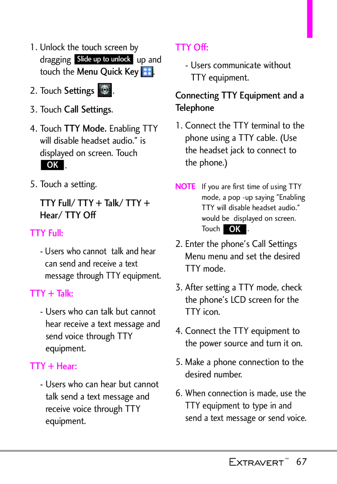 LG Electronics MFL67402301(1.0)H manual TTY Full, TTY + Talk, TTY + Hear, TTY Off 