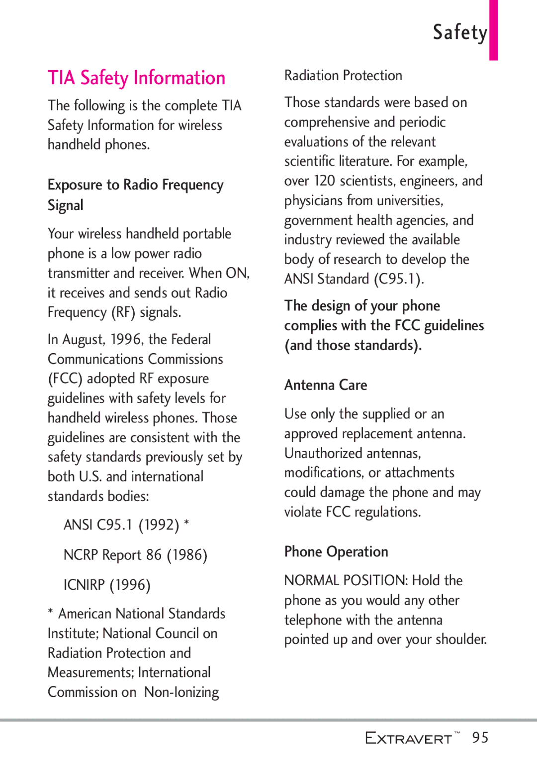 LG Electronics MFL67402301(1.0)H manual TIA Safety Information, Exposure to Radio Frequency Signal, Antenna Care 