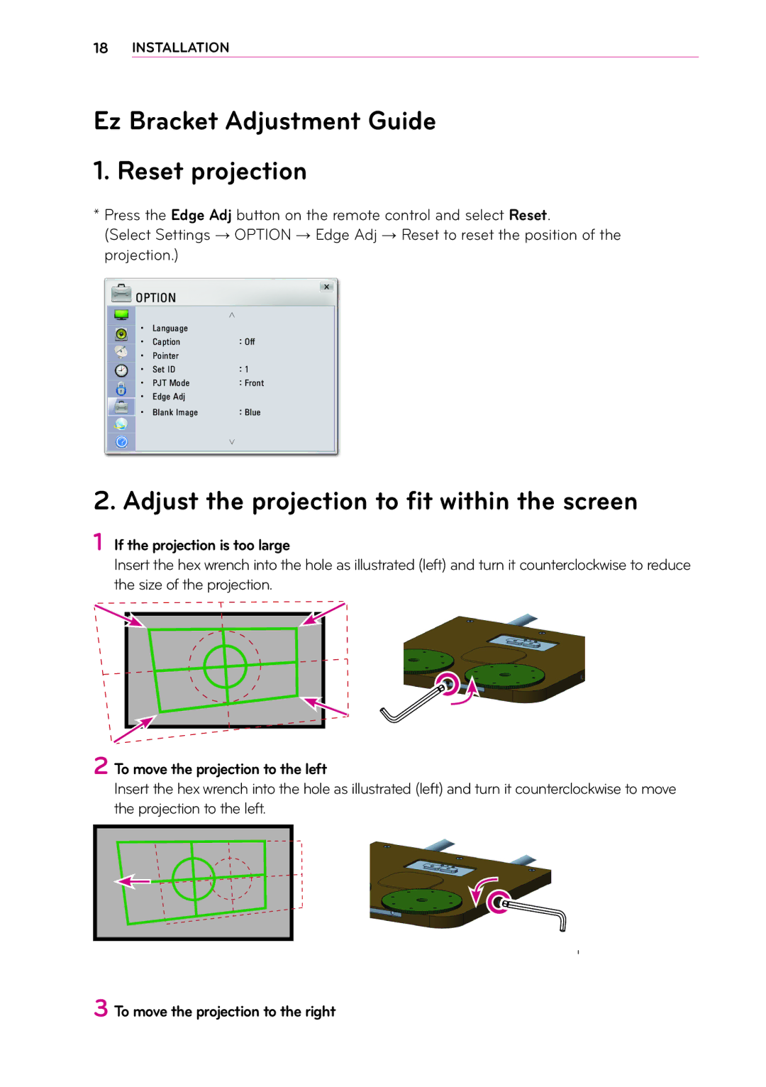 LG Electronics MFL67652408 Ez Bracket Adjustment Guide 1. Reset projection, Adjust the projection to fit within the screen 