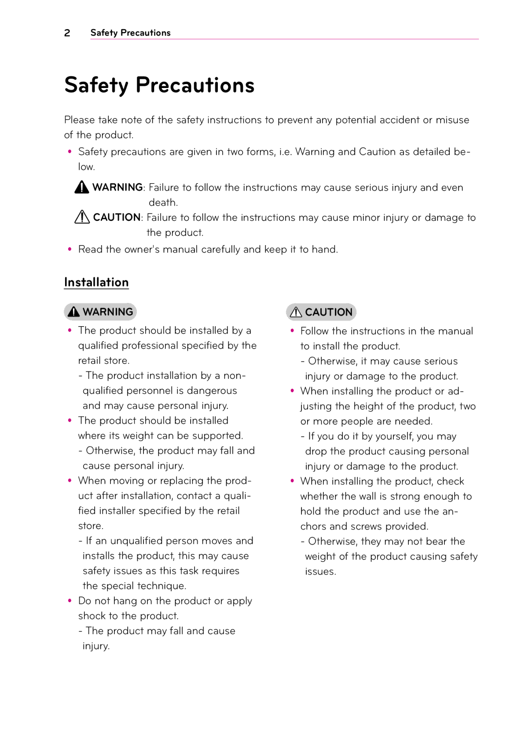 LG Electronics MFL67652408, 1302-REV00 owner manual Safety Precautions 