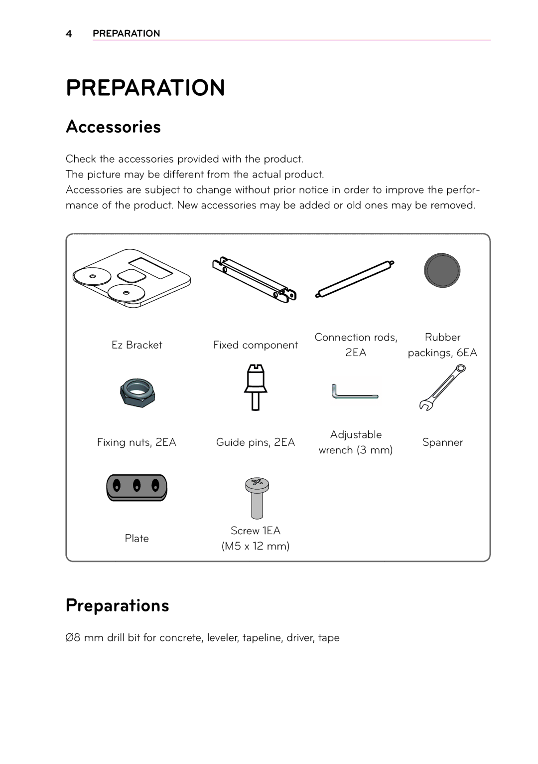 LG Electronics MFL67652408, 1302-REV00 owner manual Accessories, Preparations 