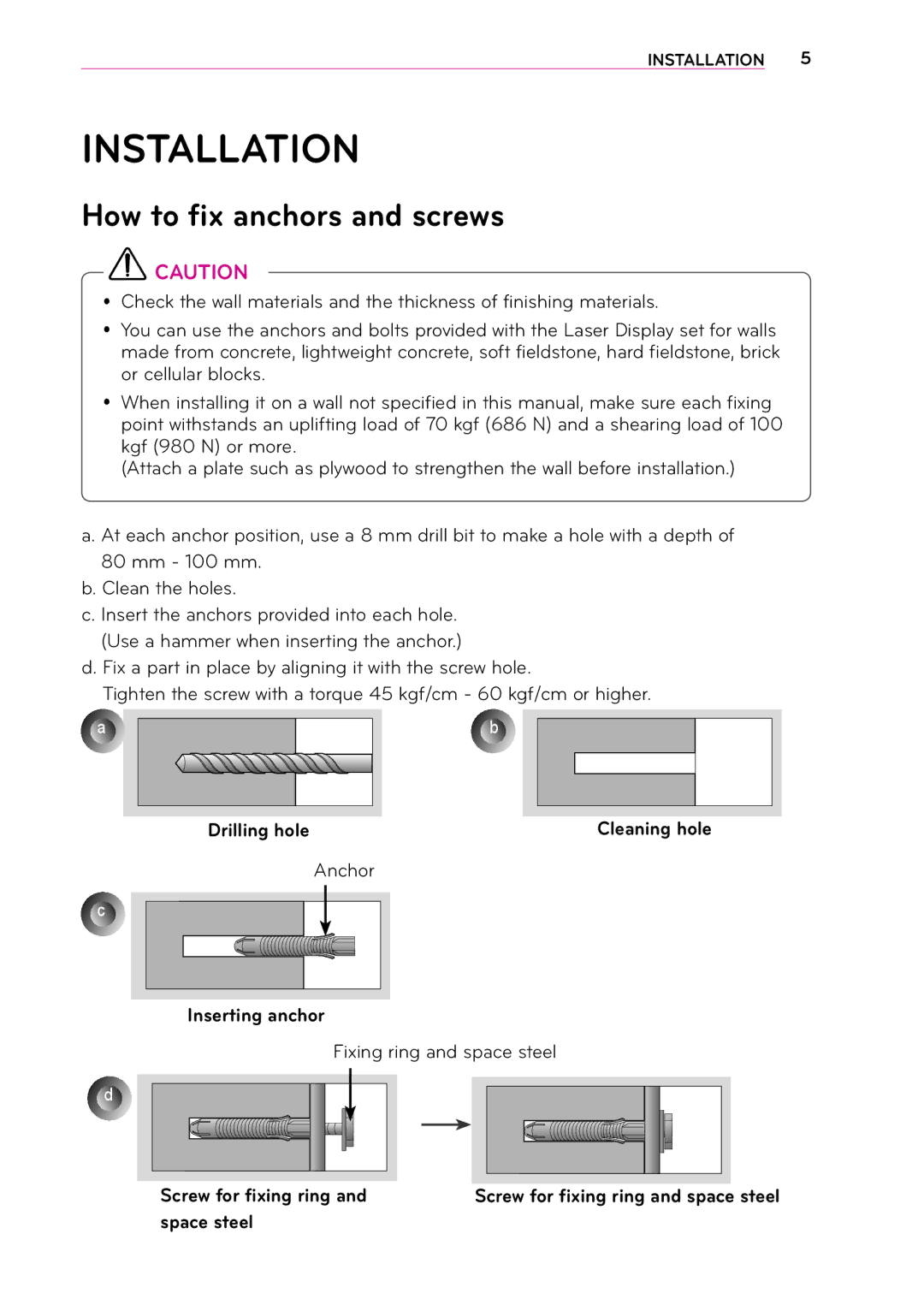 LG Electronics 1302-REV00, MFL67652408 owner manual Installation, How to fix anchors and screws 