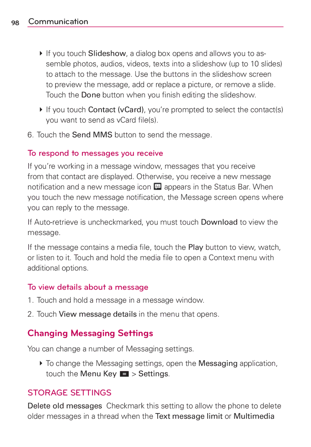 LG Electronics MFL67696601 manual Changing Messaging Settings, To respond to messages you receive 