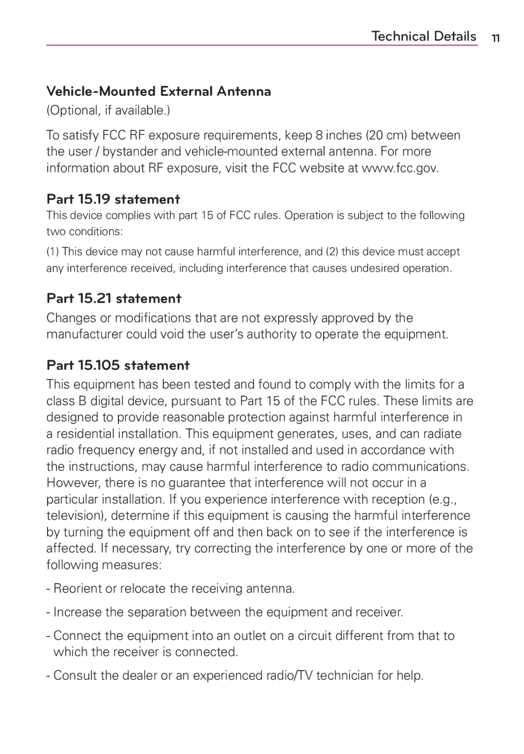 LG Electronics MFL67696601 manual Vehicle-Mounted External Antenna, Part 15.19 statement, Part 15.21 statement 