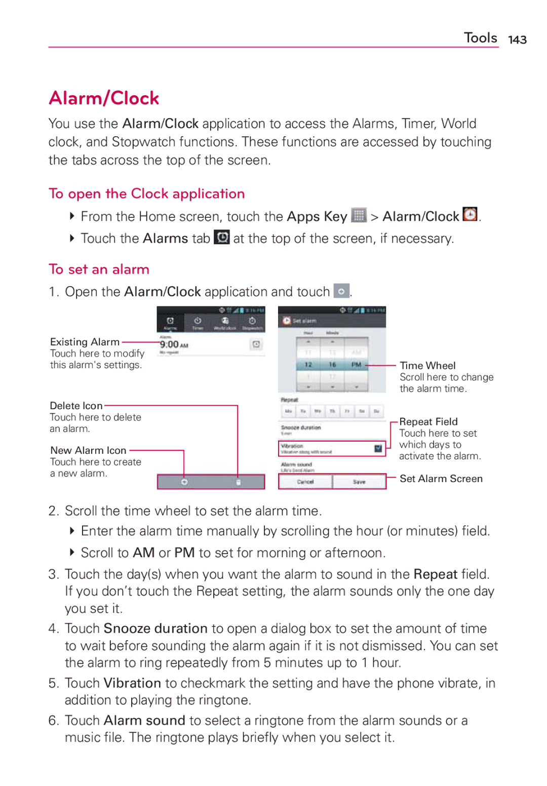 LG Electronics MFL67696601 manual Alarm/Clock, To open the Clock application, To set an alarm 