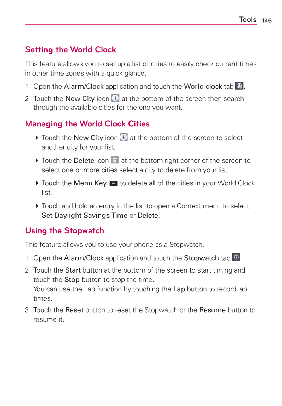 LG Electronics MFL67696601 manual Setting the World Clock, Managing the World Clock Cities, Using the Stopwatch 