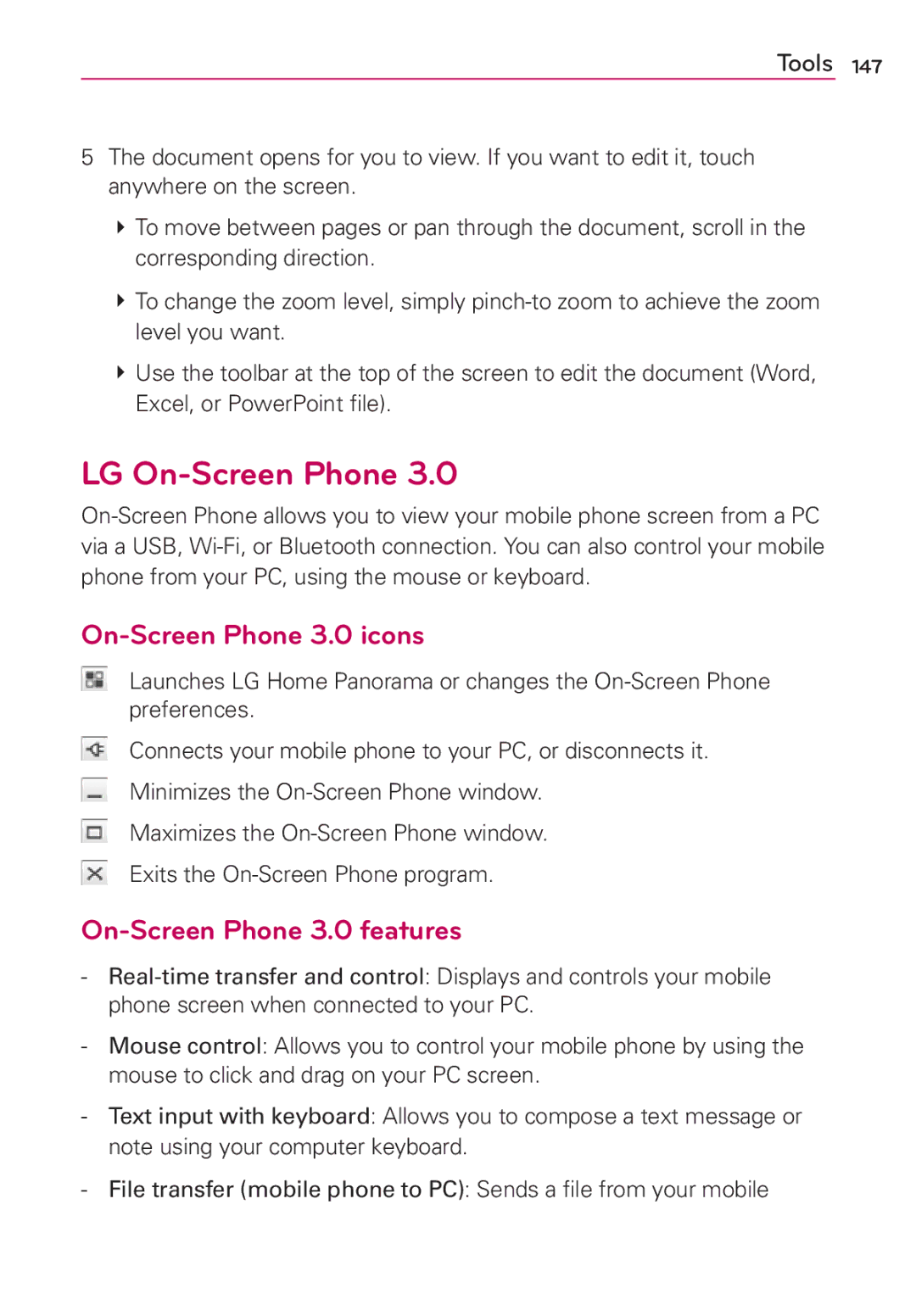 LG Electronics MFL67696601 manual LG On-Screen Phone, On-Screen Phone 3.0 icons, On-Screen Phone 3.0 features 