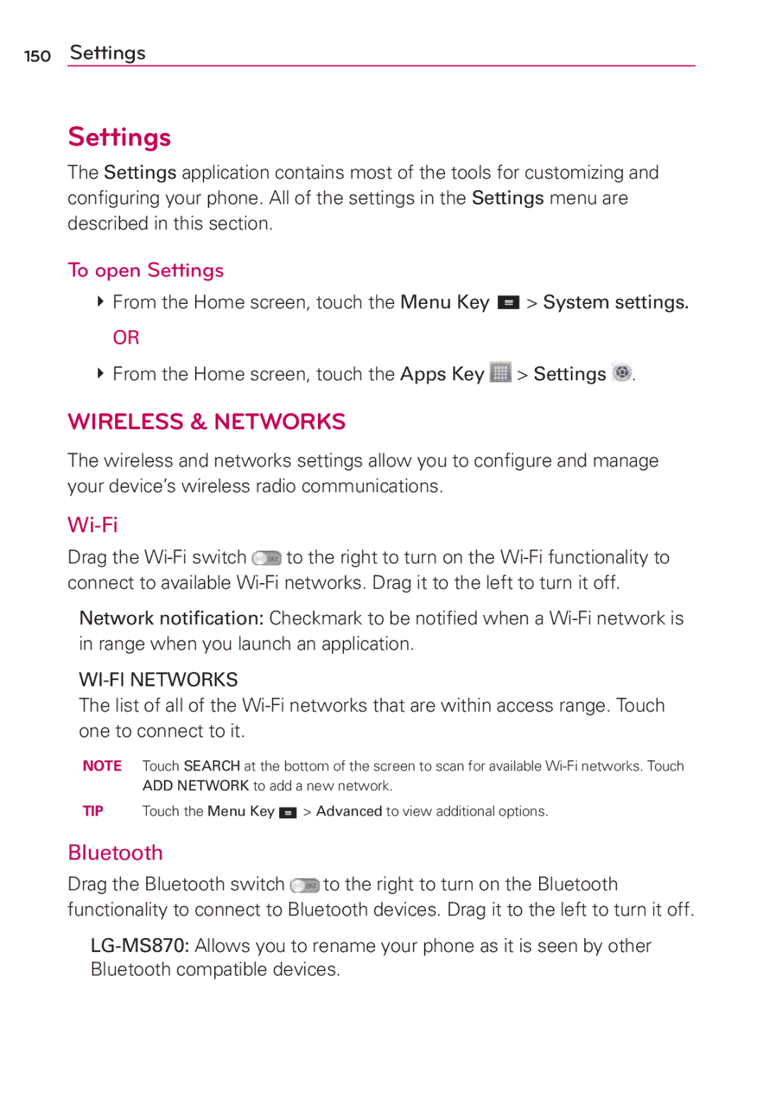 LG Electronics MFL67696601 manual To open Settings, Wi-Fi, Bluetooth, WI-FI Networks 