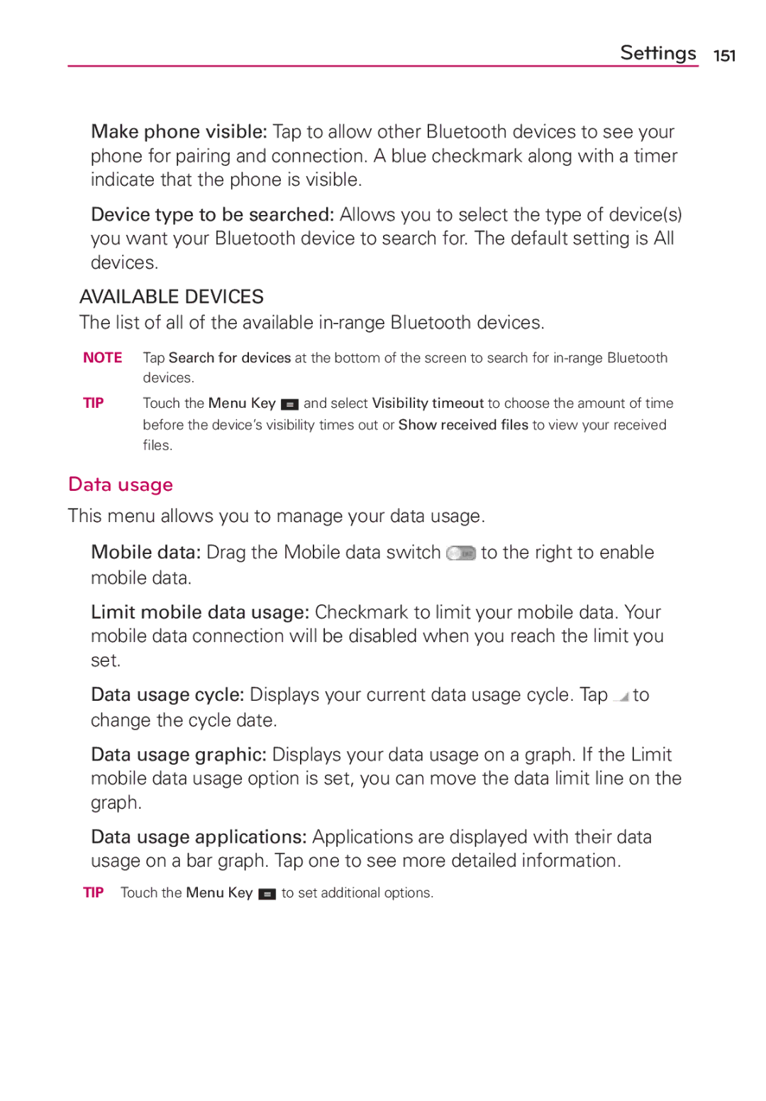 LG Electronics MFL67696601 manual Data usage, Available Devices, List of all of the available in-range Bluetooth devices 