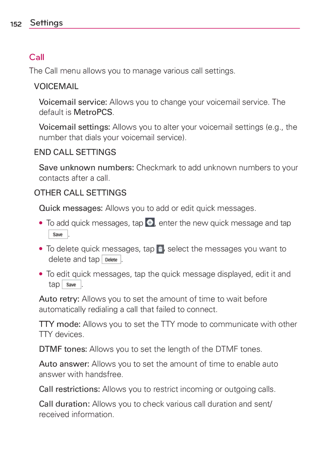 LG Electronics MFL67696601 manual Call menu allows you to manage various call settings, Voicemail, END Call Settings 