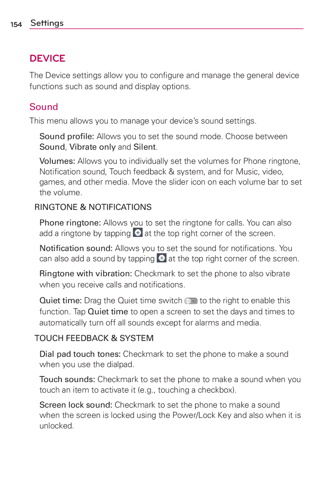 LG Electronics MFL67696601 manual Sound, Ringtone & Notifications, Touch Feedback & System 