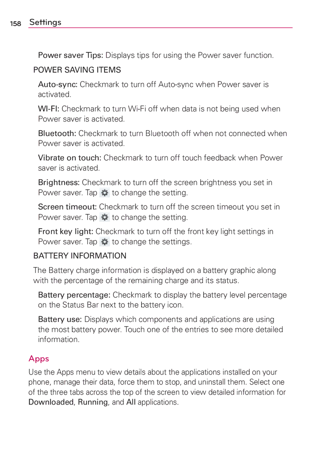 LG Electronics MFL67696601 manual Apps, Power Saving Items, Battery Information 