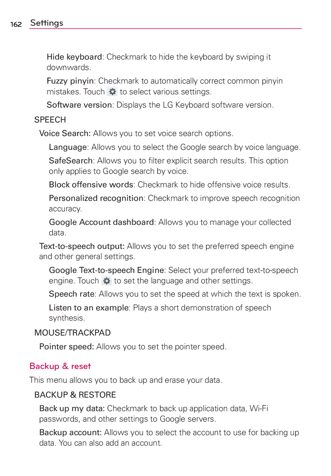 LG Electronics MFL67696601 manual Backup & reset, Speech, Mouse/Trackpad, Backup & Restore 