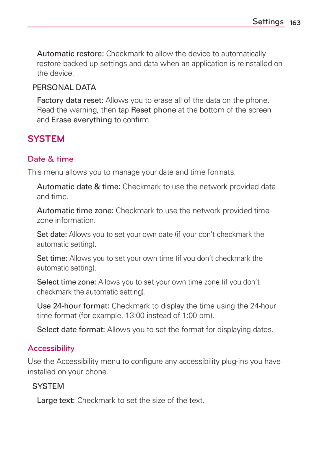 LG Electronics MFL67696601 manual Date & time, Personal Data, System, Large text Checkmark to set the size of the text 