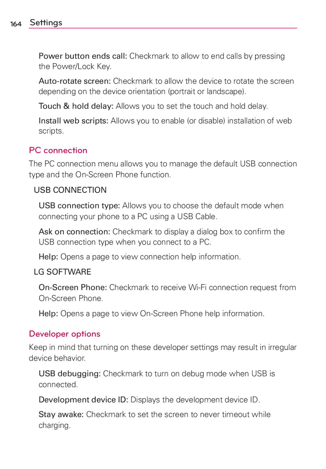 LG Electronics MFL67696601 manual PC connection, Developer options, USB Connection, LG Software 