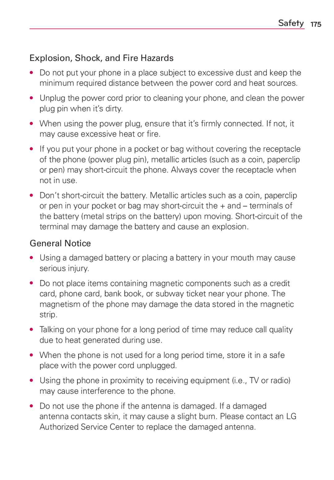 LG Electronics MFL67696601 manual Explosion, Shock, and Fire Hazards 