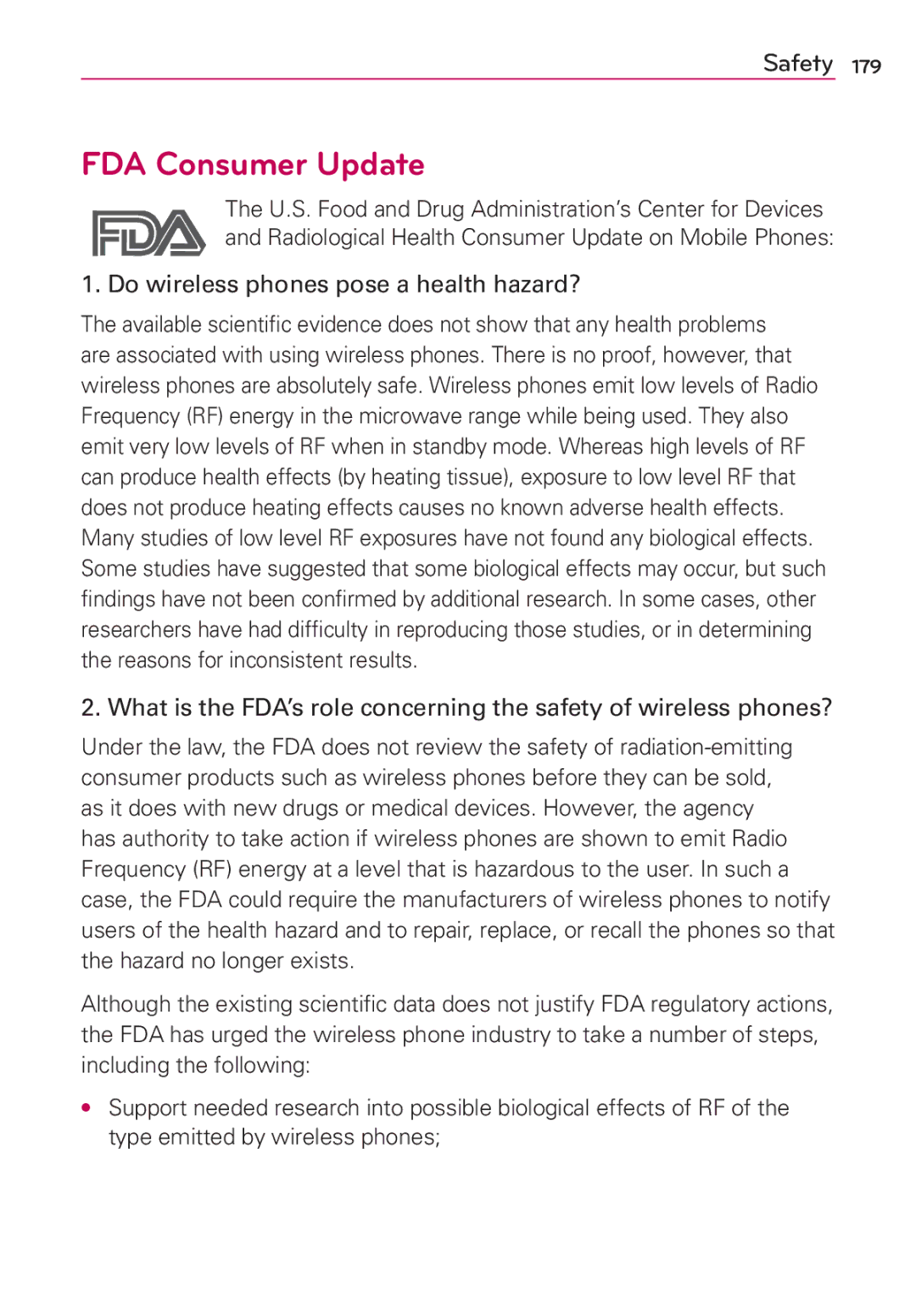 LG Electronics MFL67696601 manual FDA Consumer Update, Do wireless phones pose a health hazard? 