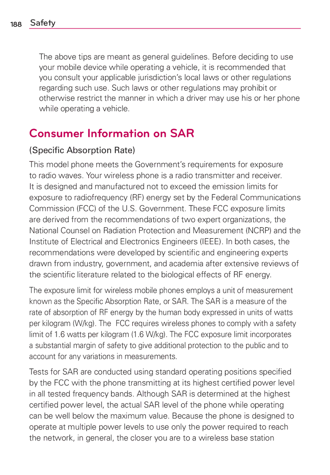 LG Electronics MFL67696601 manual Consumer Information on SAR, Speciﬁc Absorption Rate 