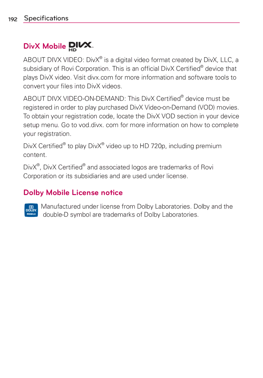 LG Electronics MFL67696601 manual DivX Mobile, Dolby Mobile License notice 