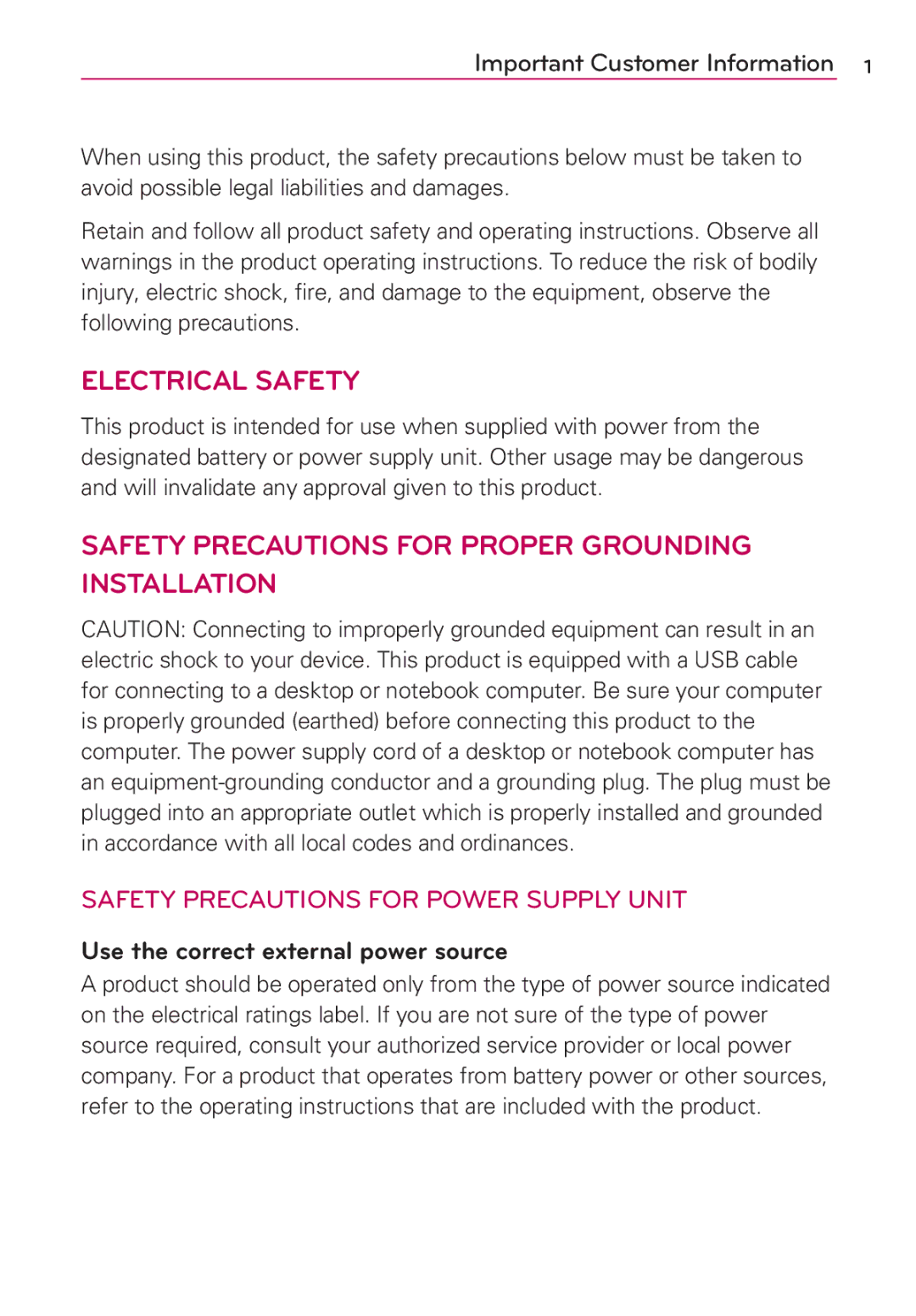 LG Electronics MFL67696601 manual Important Customer Information, Use the correct external power source 