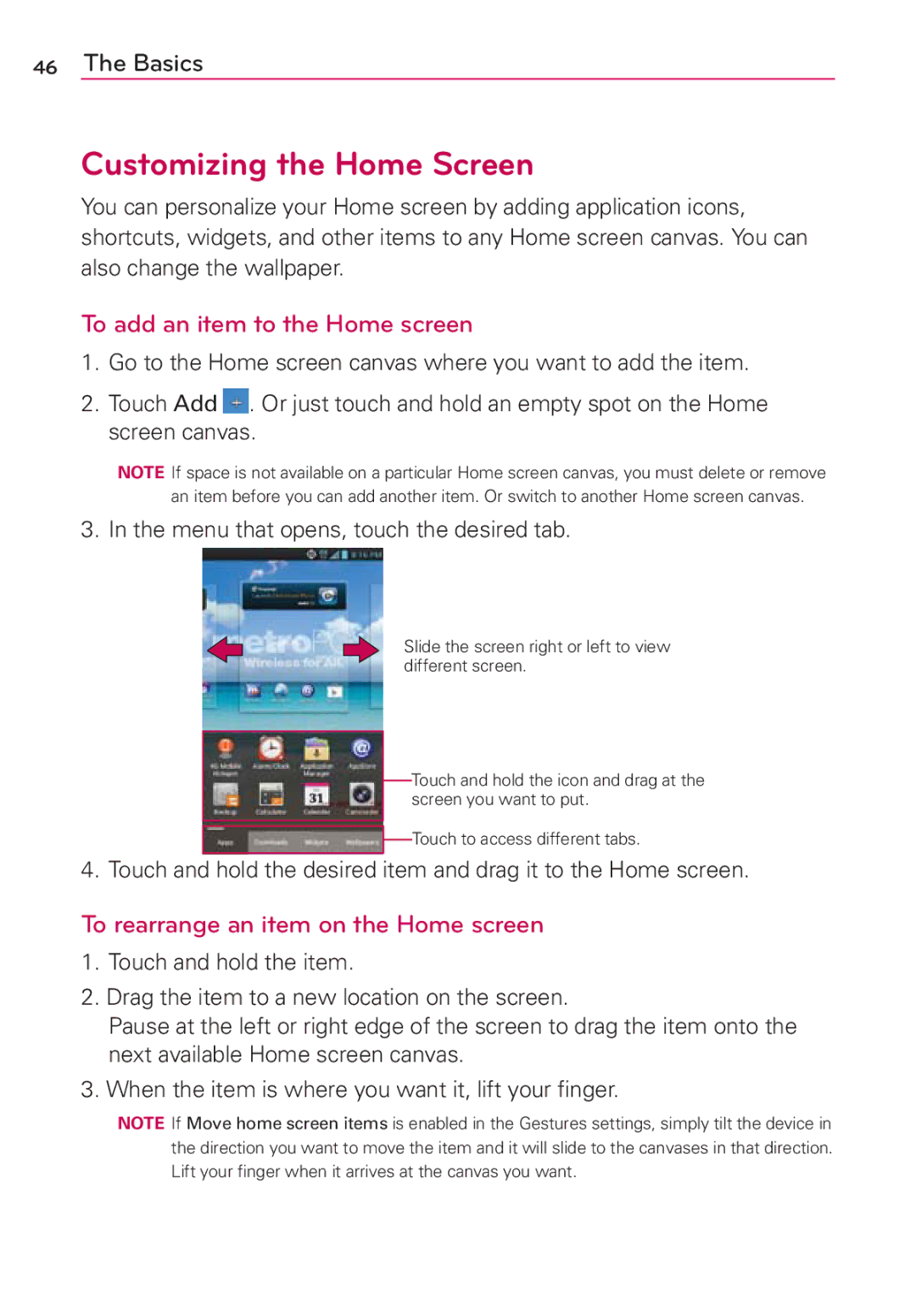 LG Electronics MFL67696601 manual Customizing the Home Screen, To add an item to the Home screen 