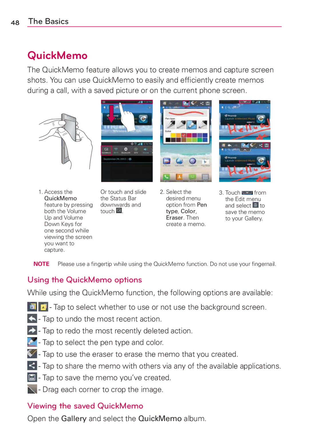 LG Electronics MFL67696601 manual Using the QuickMemo options, Viewing the saved QuickMemo 